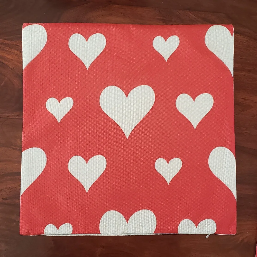 Valentine's Day Pillow Cover 18x18 Red White Hearts Rustic Linen Accent